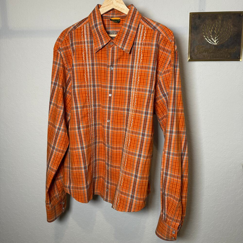 Men's Timberland Orange Plaid Guayabera Pearl Snap Western Style Shirt‎ Size XL